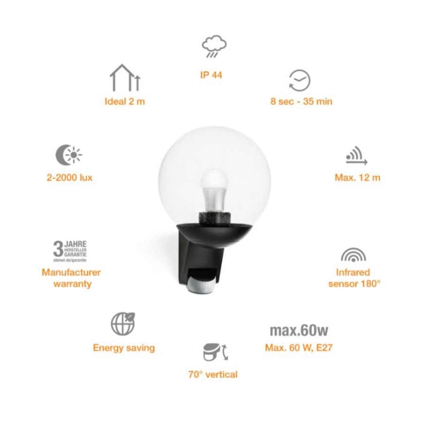 STEINEL 005535 - Iluminação de parede exterior com sensor L585S 1xE27/60W preto IP44