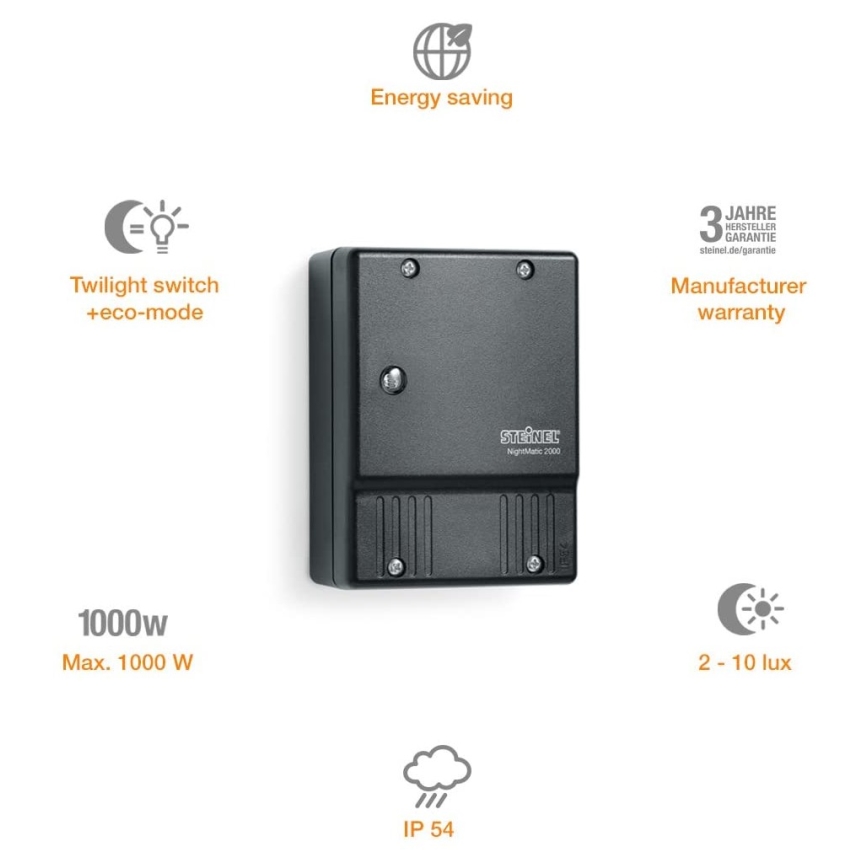 STEINEL 550318 - Interruptor crepuscular NightMatic 2000 preto IP54