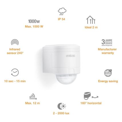 STEINEL 602819 - Sensor de parede exterior infravermelho IS240 branco IP54