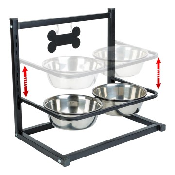 Suporte ajustável em altura com duas tigelas em aço inoxidável