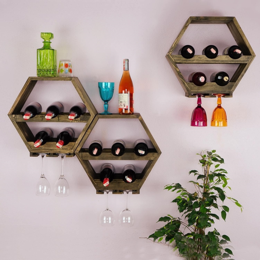 Suporte de parede para vinho 46x42 cm em madeira de abeto/metal