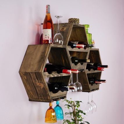 Suporte de parede para vinho 46x42 cm em madeira de abeto/metal