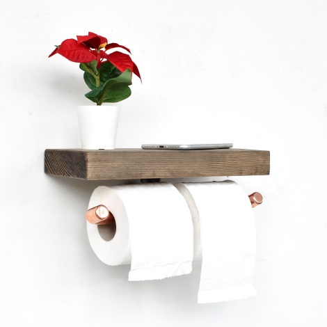 Suporte para papel higiénico com prateleira BORU 12x30 cm abeto/cobre