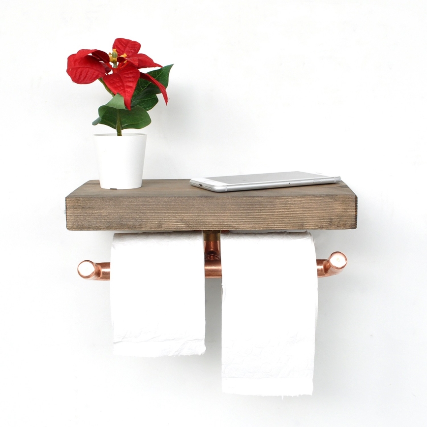 Suporte para papel higiénico com prateleira BORU 12x30 cm abeto/cobre