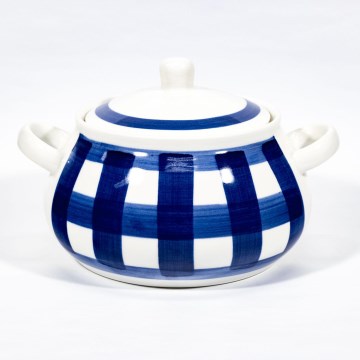 Taça de sopa em cerâmica com uma tampa branco azul