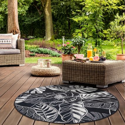 Tapete de exterior JUNGLE 135 cm preto/branco/padrão de folhas