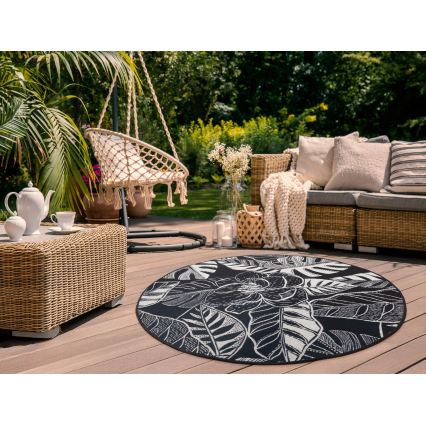Tapete de exterior JUNGLE 135 cm preto/branco/padrão de folhas