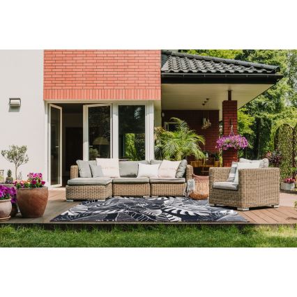 Tapete de exterior JUNGLE 160x220 cm preto/branco/padrão foliar
