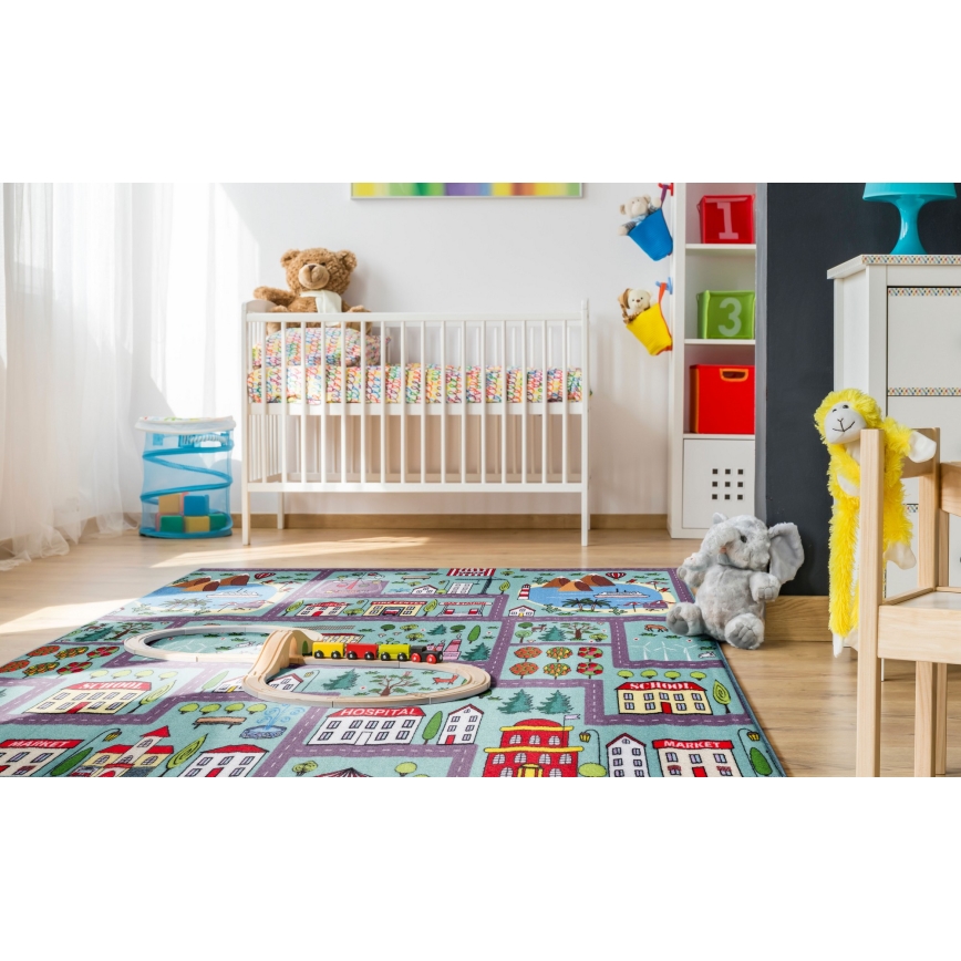 Tapete infantil STELLA STREETS 100x150 cm turquesa/cidade