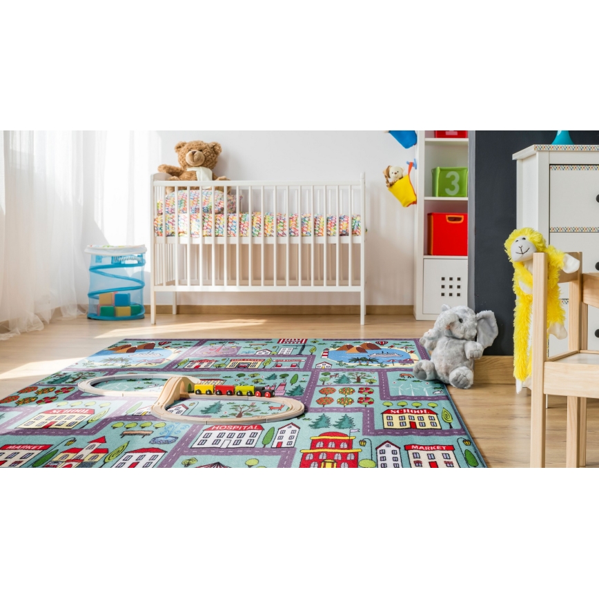 Tapete infantil STELLA STREETS 80x100 cm turquesa/cidade