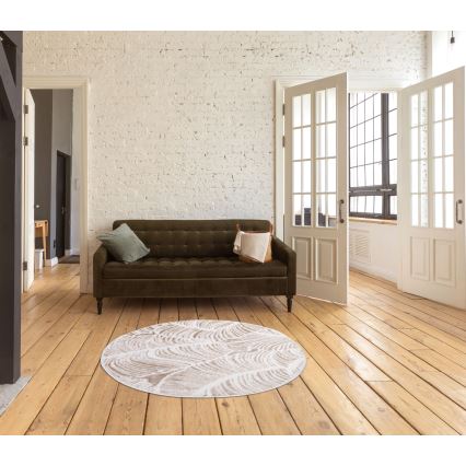 Tapete redondo SALAMANCA 100 cm bege/branco/padrão de folhas