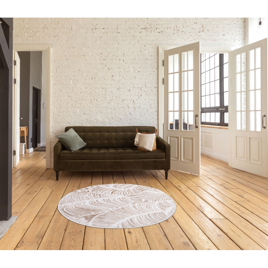 Tapete redondo SALAMANCA 100 cm bege/branco/padrão de folhas