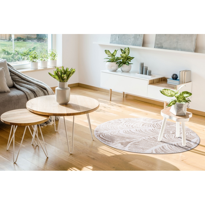 Tapete redondo SALAMANCA 100 cm bege/branco/padrão de folhas