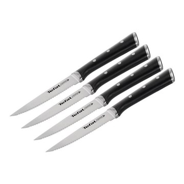 Tefal - Conjunto de 4 facas de bife ICE FORCE em aço inoxidável, lâminas de 11 cm, acabamento cromado brilhante/preto