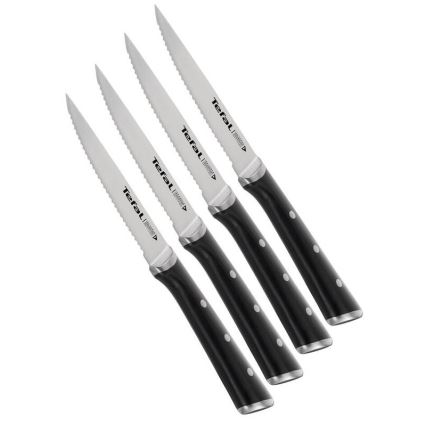 Tefal - Conjunto de 4 facas de bife ICE FORCE em aço inoxidável, lâminas de 11 cm, acabamento cromado brilhante/preto