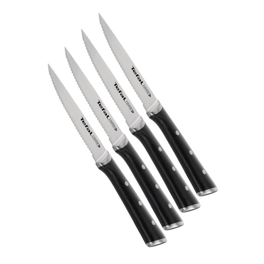 Tefal - Conjunto de 4 facas de bife ICE FORCE em aço inoxidável, lâminas de 11 cm, acabamento cromado brilhante/preto