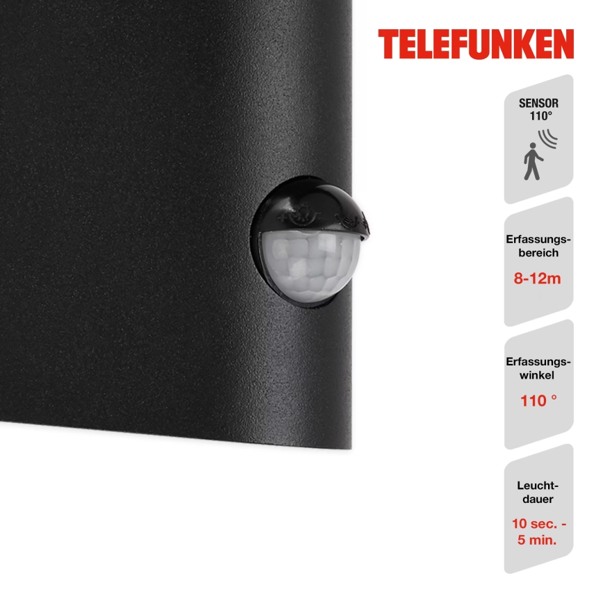 Telefunken 312505TF-LED Luminária de parede exterior com sensor LED/10W/230V IP44 preta
