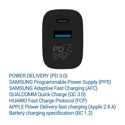 TESLA Electronics - Adaptador de carregamento rápido Power Delivery 25W preto