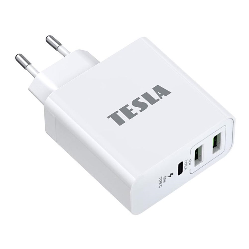 TESLA Electronics - Adaptador de carregamento USB-C 3em1 65W branco
