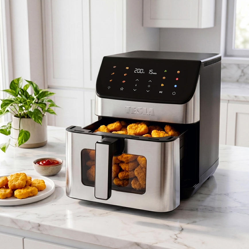 TESLA Electronics AirCook - Fritadeira elétrica de ar quente 6,5 L 2100 W/230 V, cromado fosco/preto