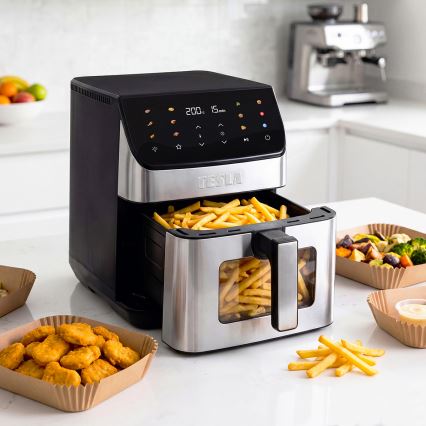 TESLA Electronics AirCook - Fritadeira elétrica de ar quente 6,5 L 2100 W/230 V, cromado fosco/preto