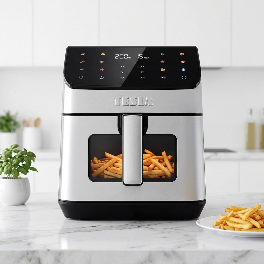 TESLA Electronics AirCook - Fritadeira elétrica de ar quente 6,5 L 2100 W/230 V, cromado fosco/preto
