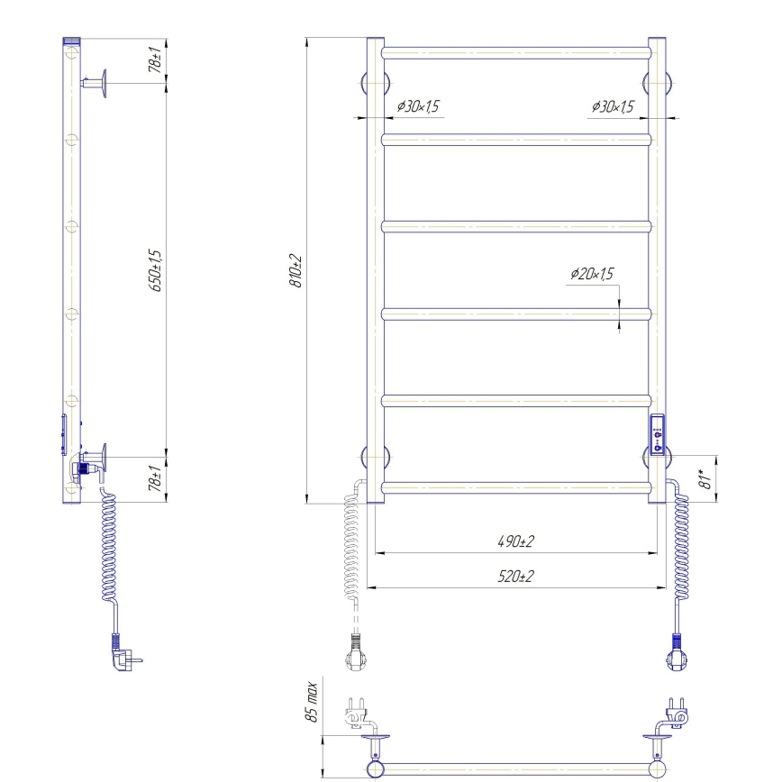 Toalheiro aquecido CLASSIC 110W/230V 80x53 cm, inox/antracite, ligação à direita