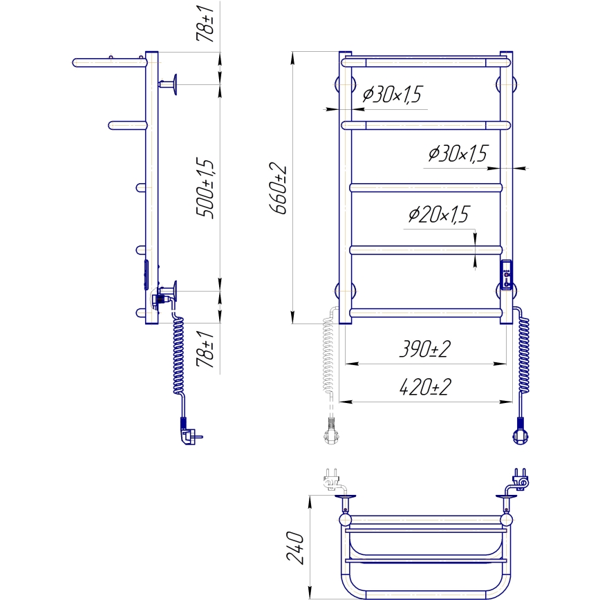 Toalheiro aquecido em escada HOTEL 75W/230V 66x42 cm, inox/cromado, lado direito