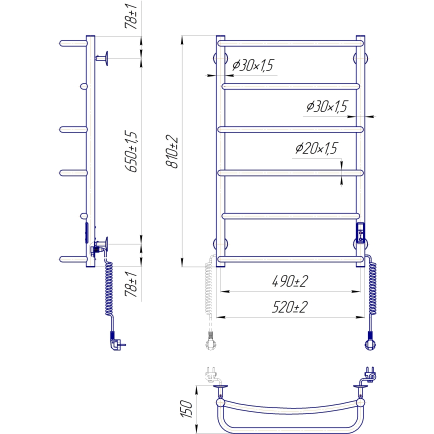 Toalheiro aquecido em escada LUX 105W/230V 80x53 cm aço inoxidável/branco, lado direito