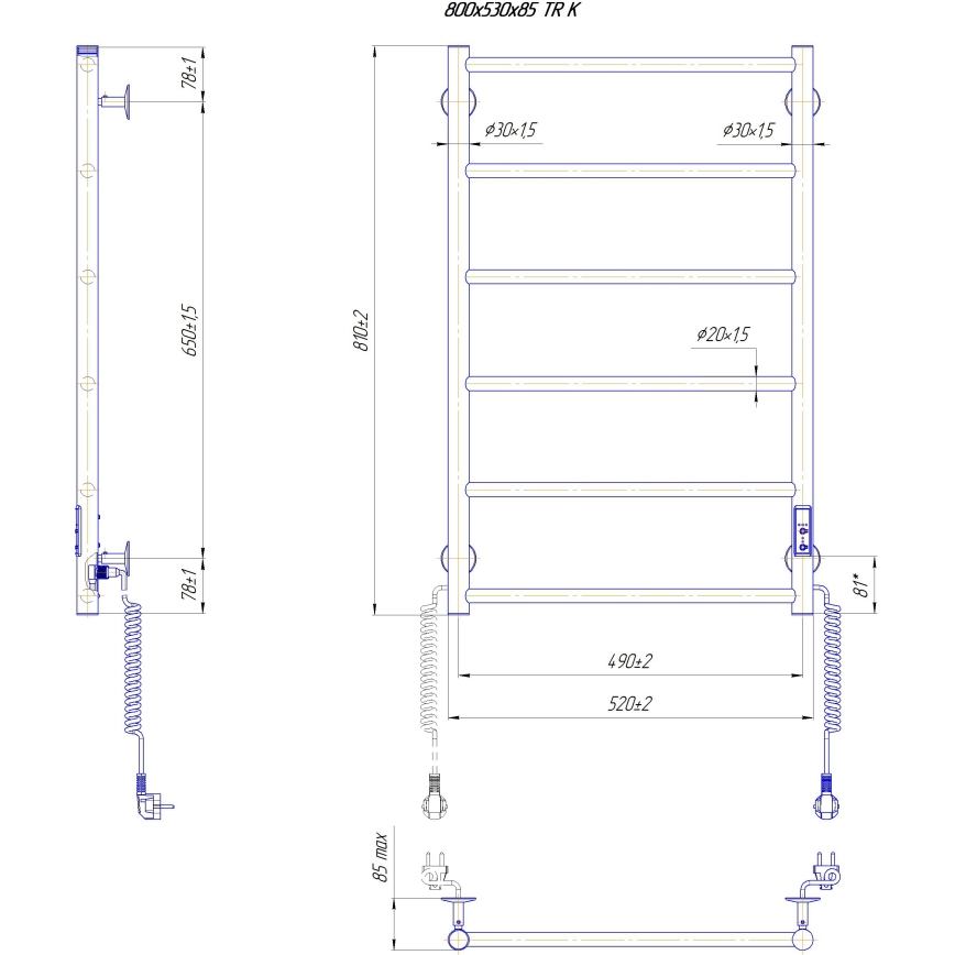 Toalheiro aquecido CLASSIC 110W/230V 81x52 cm inox/cromado brilhante, lado direito