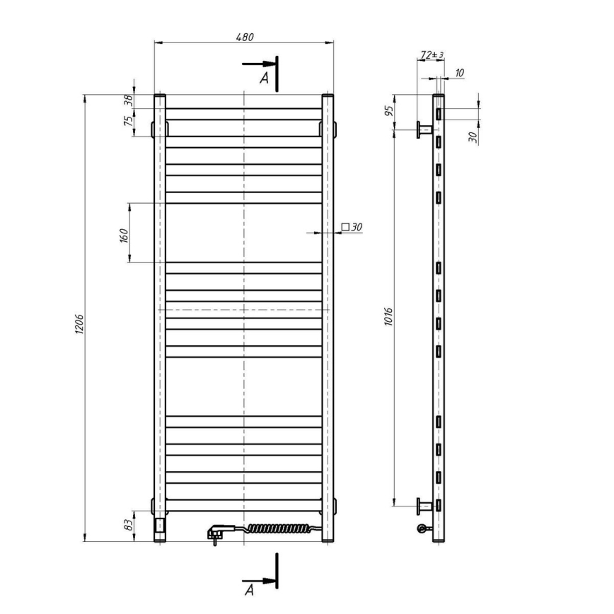 Toalheiro aquecido para casa de banho com termostato AVANGARD 459 W/230 V 120,6 cm IP44, branco, ligação à direita, design quadrado