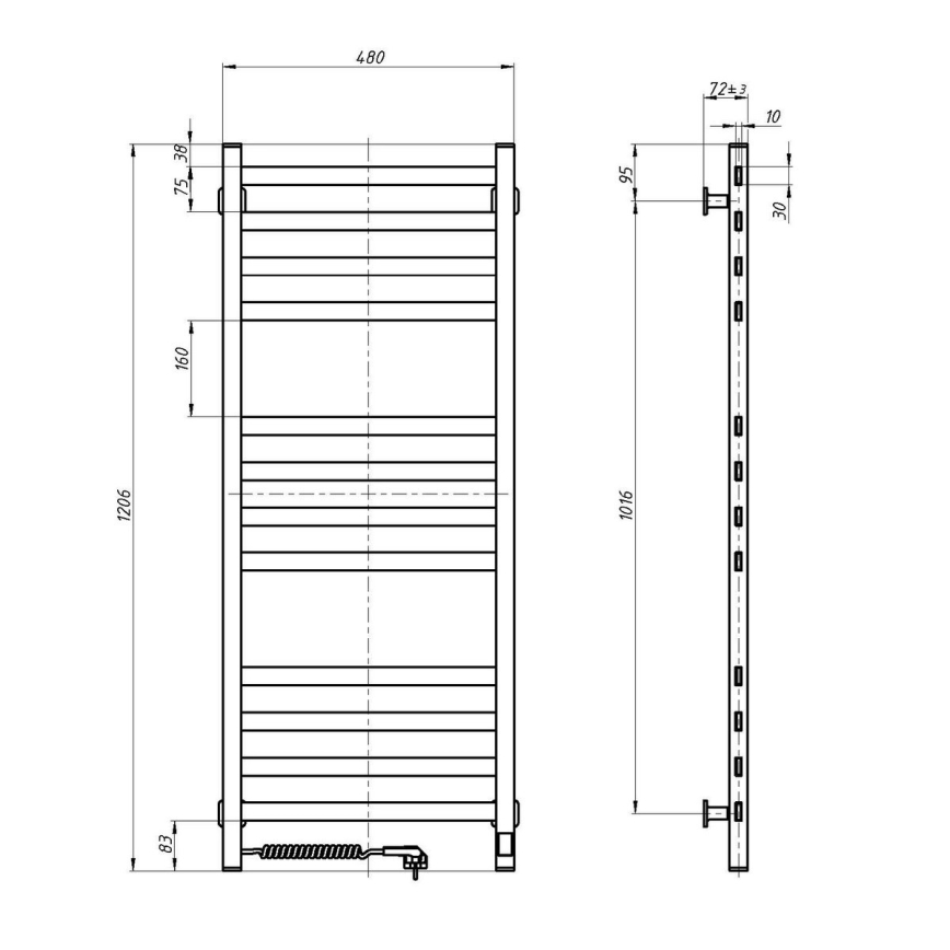 Radiador-toalheiro para casa de banho AVANGARD com termóstato, 459 W/230 V, 120,6 cm, IP44, preto, ligação à esquerda, perfil quadrado
