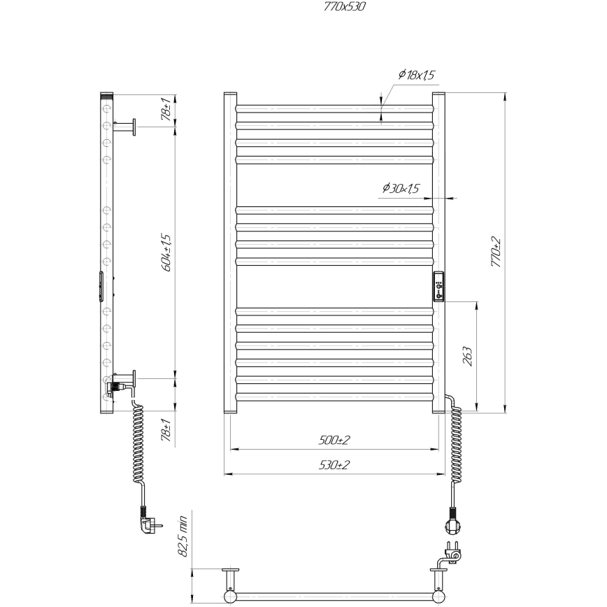 Toalheiro aquecido para casa de banho HF GREENWICH 170W/230V 77x53 cm, preto, com ligação à direita, perfil redondo
