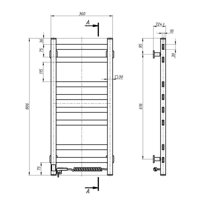 Toalheiro elétrico com termóstato AVANGARD 105W, 80×36 cm, branco, montagem à direita