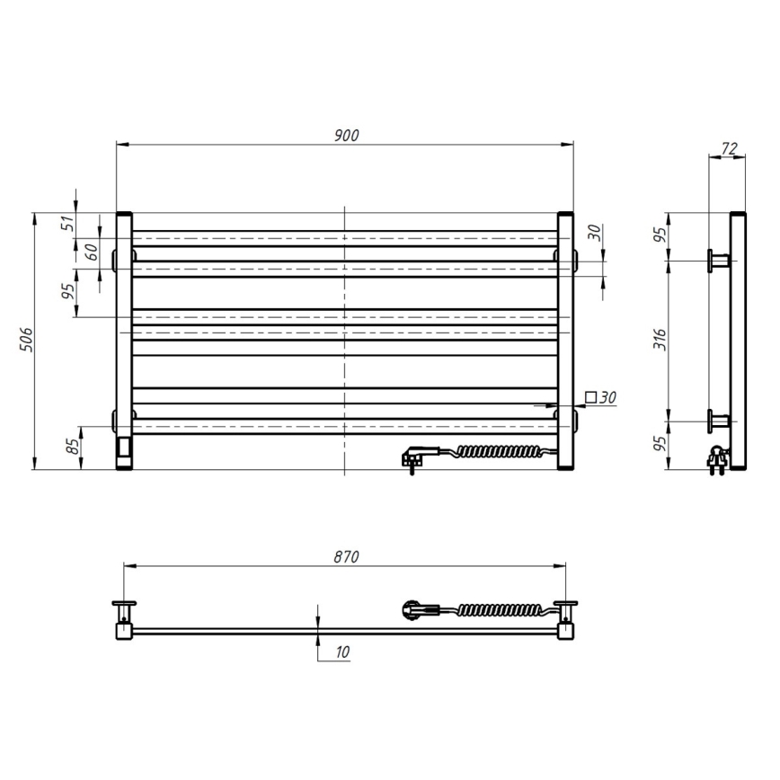 Toalheiro elétrico com termóstato AVANGARD 181W 50x90 cm, preto (lado direito)