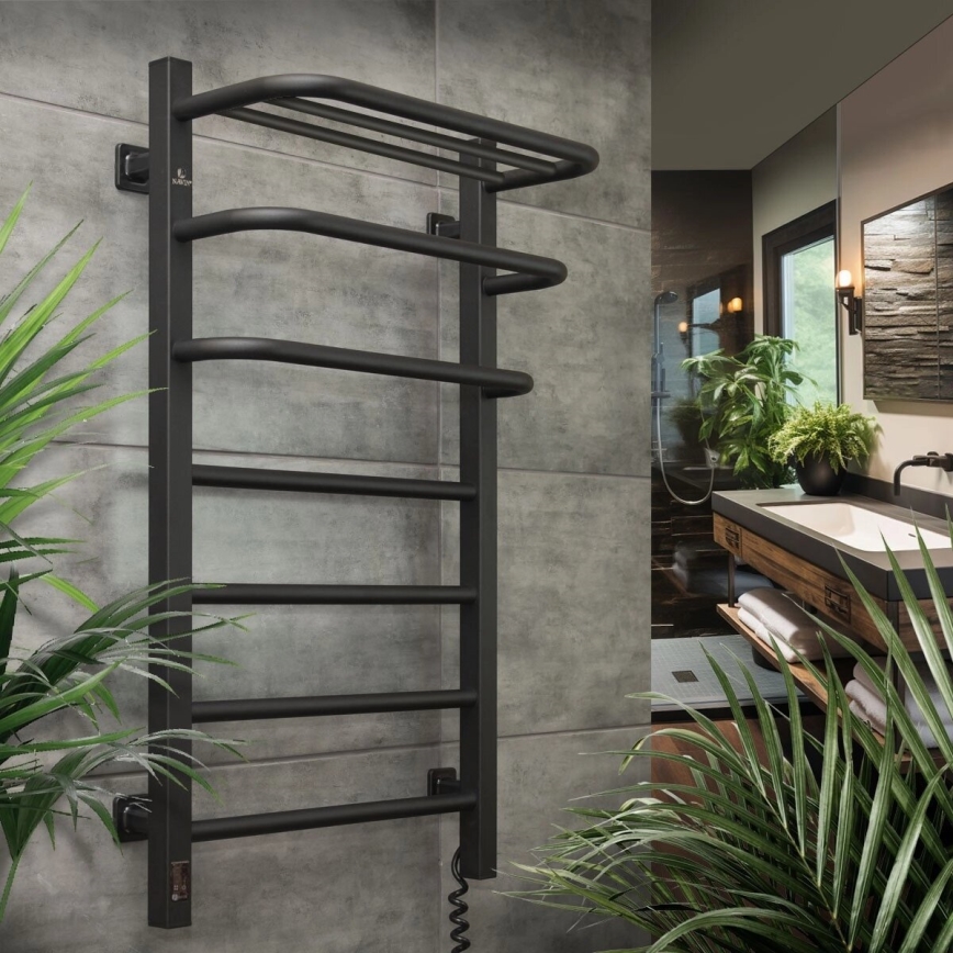 Toalheiro elétrico com termostato FORTIS 155W 80x48 cm, preto, lado direito