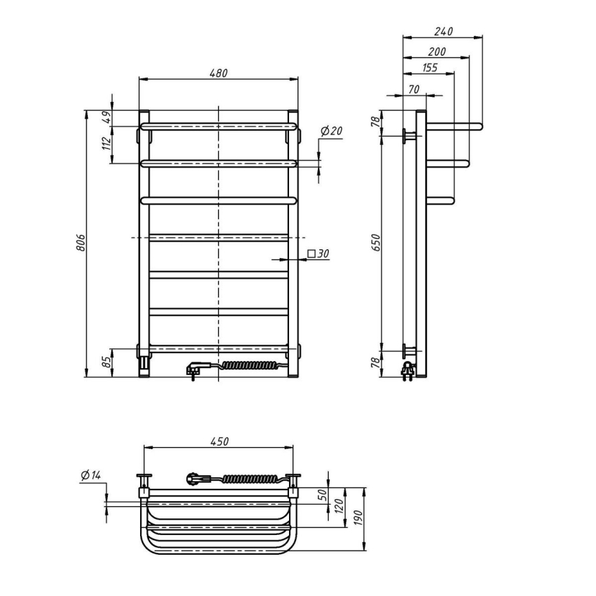 Toalheiro elétrico com termostato FORTIS 155W 80x48 cm, preto, lado direito