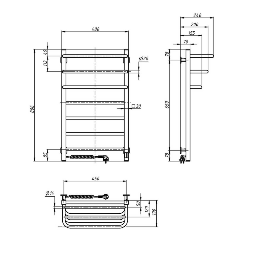 Toalheiro elétrico com termostato FORTIS 155W 80x48 cm preto, lado esquerdo