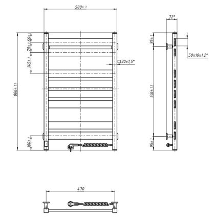 Toalheiro elétrico com termostato LARGO 168W 80x50 cm, preto, ligação à direita