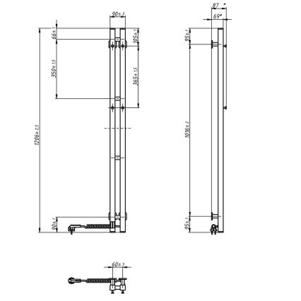Toalheiro elétrico com termóstato SILOUETTE 70W 120x9 cm, preto, lado direito