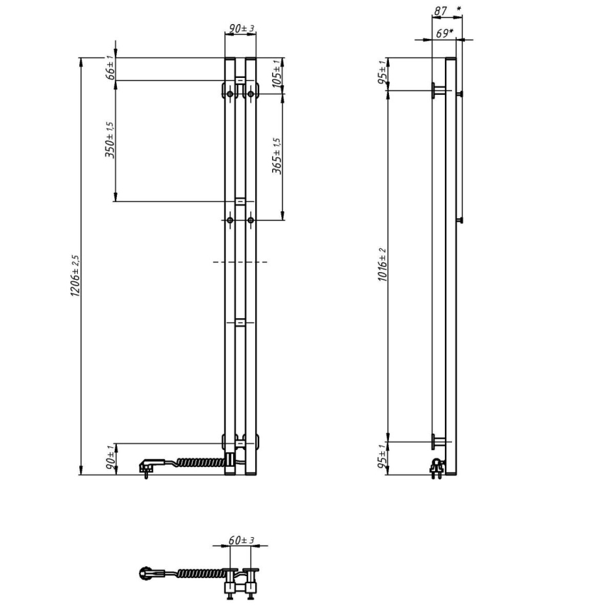 Toalheiro elétrico com termóstato SILOUETTE 70W 120x9 cm, preto, lado direito