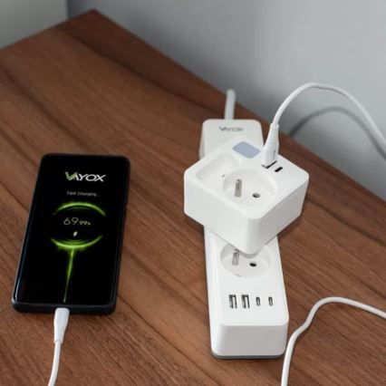 Régua de tomadas com 2 tomadas, USB-C e USB-A, com iluminação LED LED/0,5W/230V 3000K