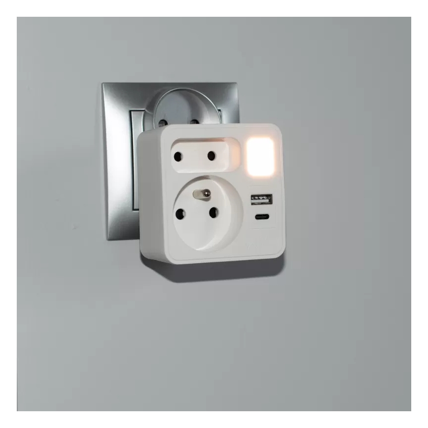 Régua de tomadas com 2 tomadas, USB-C e USB-A, com iluminação LED LED/0,5W/230V 3000K