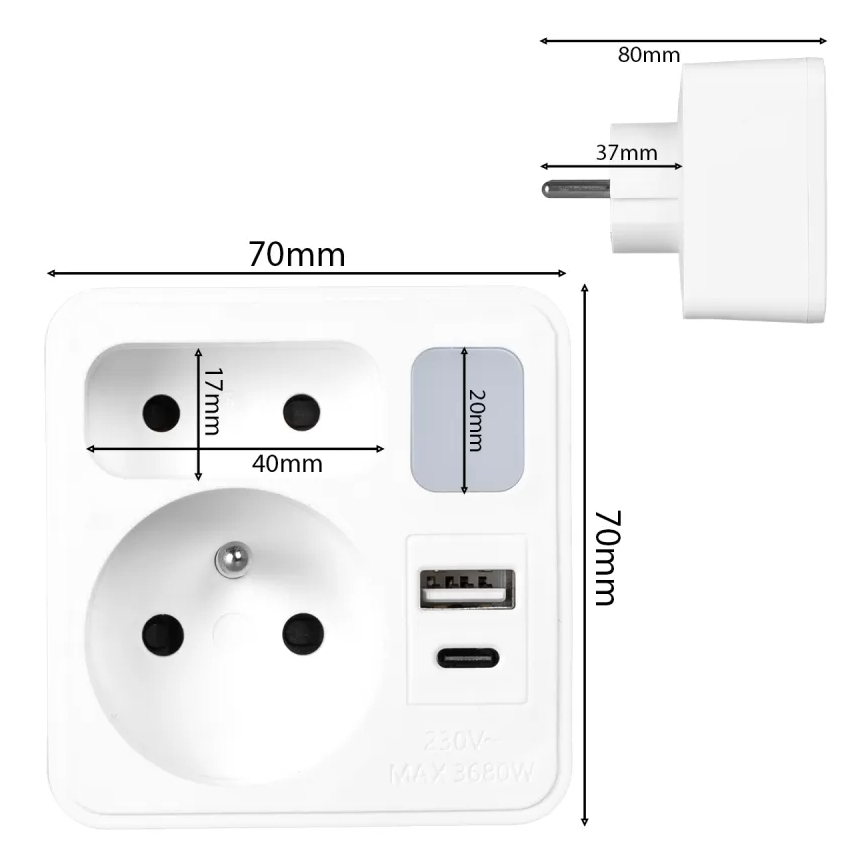 Régua de tomadas com 2 tomadas, USB-C e USB-A, com iluminação LED LED/0,5W/230V 3000K