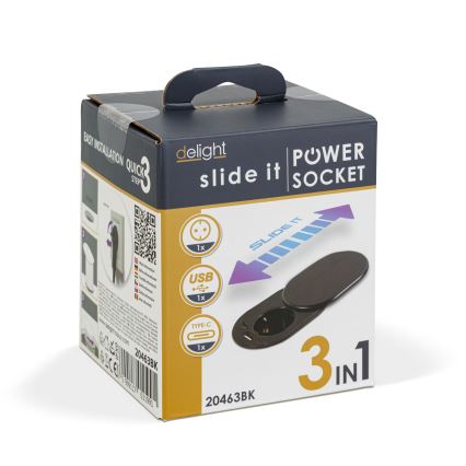 Tomada de embutir com tampa deslizante 1 tomada + USB-C + USB-A preta