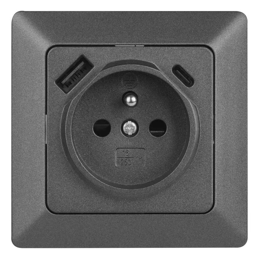 Tomada de parede doméstica com USB-A e USB-C, padrão francês 250V/16A, antracite