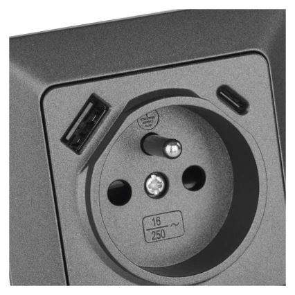 Tomada de parede doméstica com USB-A e USB-C, padrão francês 250V/16A, antracite