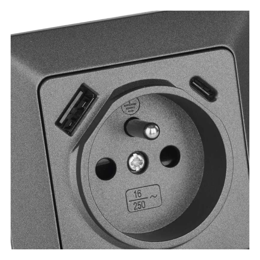 Tomada de parede doméstica com USB-A e USB-C, padrão francês 250V/16A, antracite