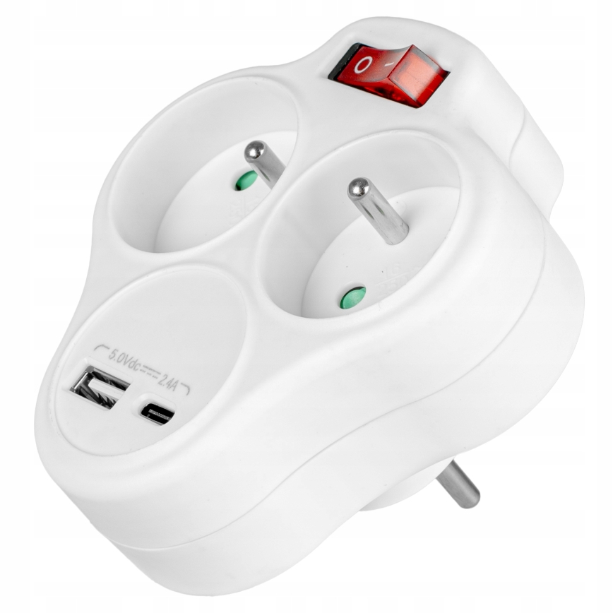 Tomada múltipla com interruptor 2 tomadas + USB-C + USB-A