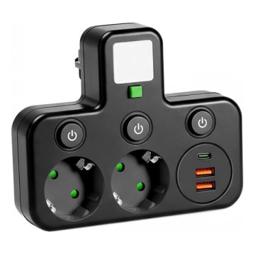 Tomada múltipla com interruptor e iluminação LED LINEA PRO 2Z + 3xUSB A/C SCHUKO 4000K preta